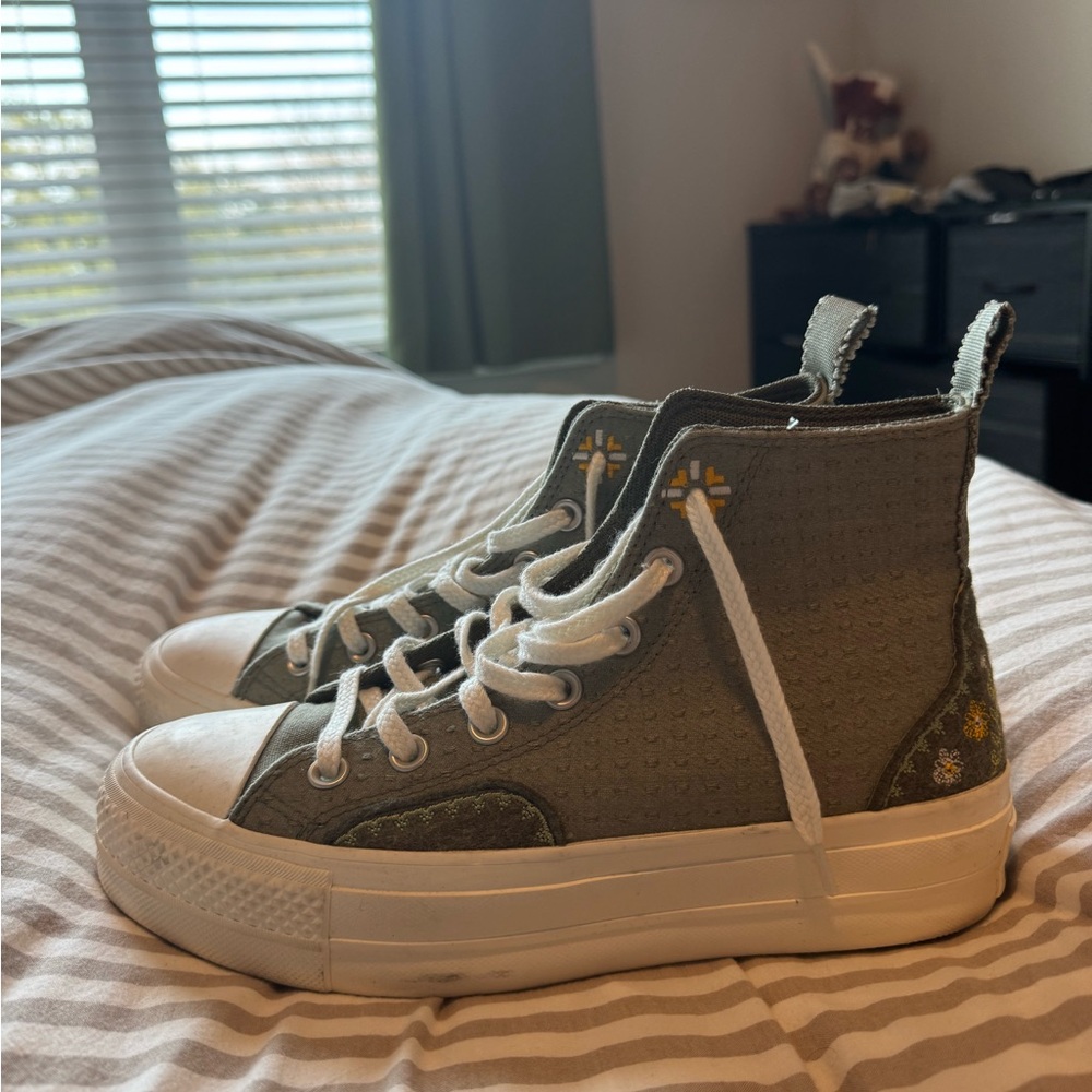 Converse High-Top Platform Sneakers in Olive Green and White